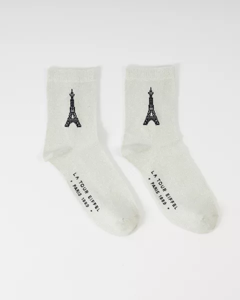 Chaussettes mi-bas Paillettes Argentées avec la tour Eiffel